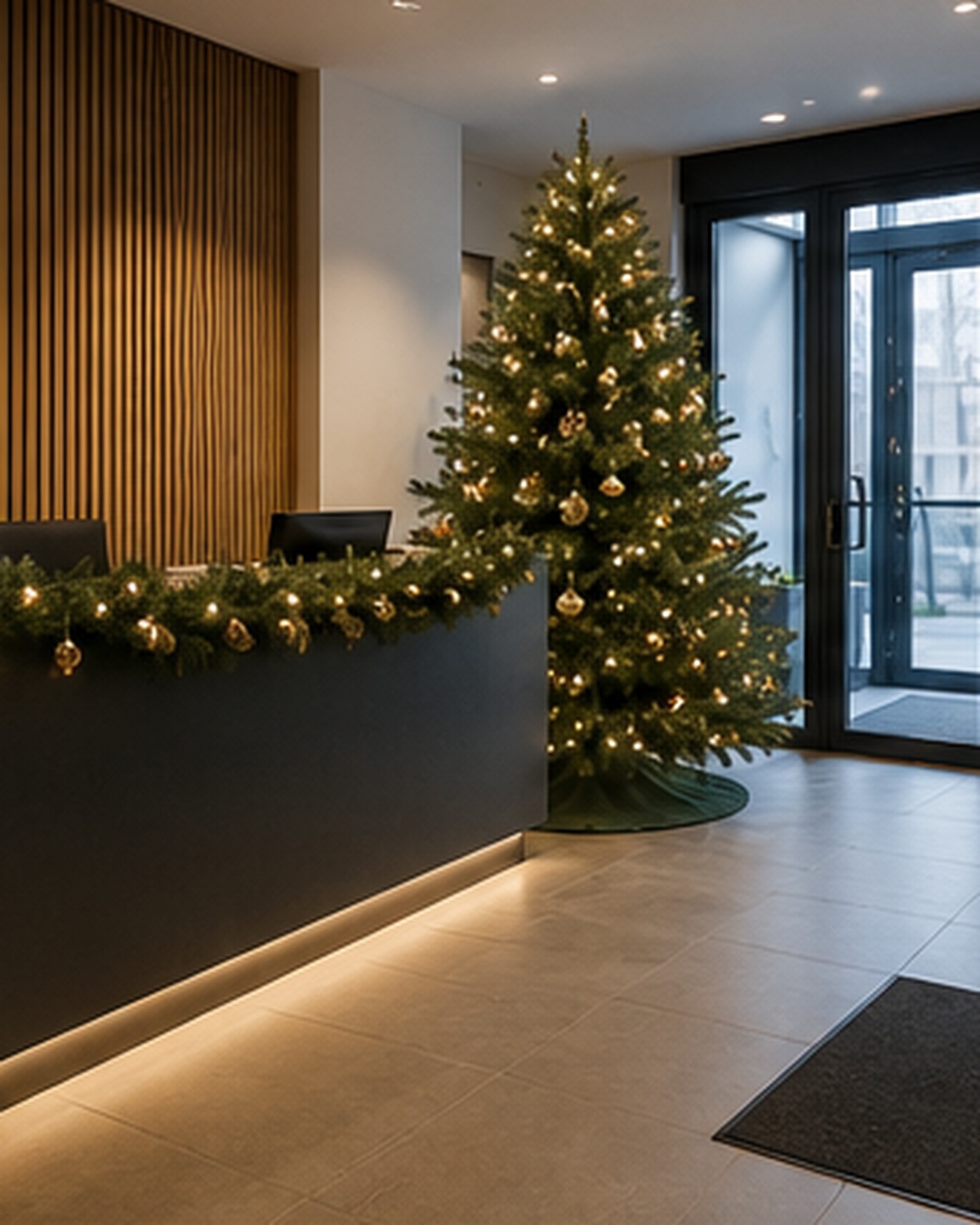 Reception area after professional Christmas tree setup