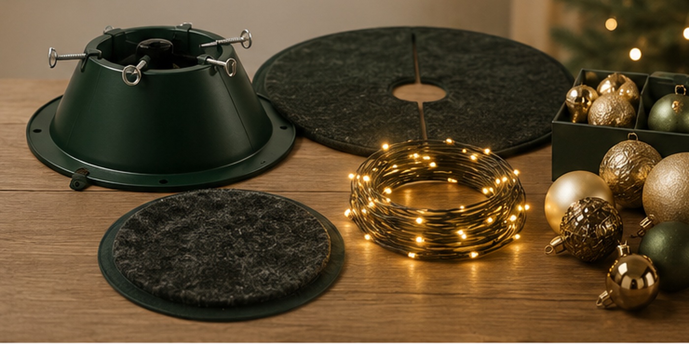 Christmas tree stand, protective floor mat, LED lights, and decorations available for an additional charge
